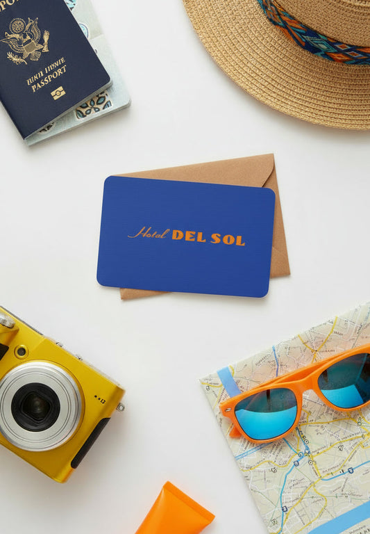 Blue card with 'Del Sol' text, passport, camera, sunglasses, and map on a white surface

